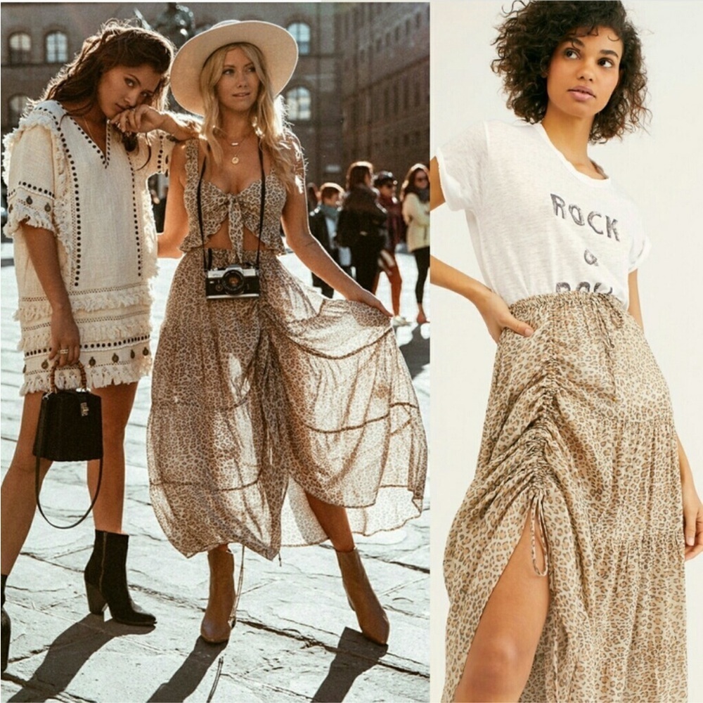 Spell Frankie‎ Peasant Skirt Cheetah Print Boho Maxi Beige Small EUC